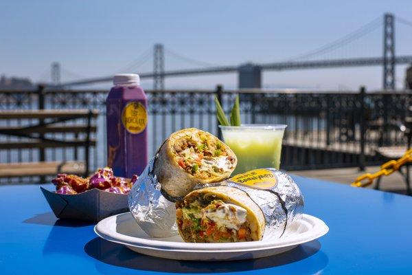 Pictured from left to right: Ube Macapuno Churros, Ube Horchata, Whole Barnyard Burrito, Pandan Iced Tea