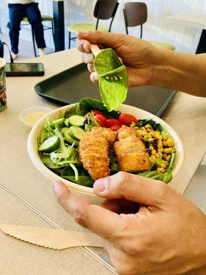 Fried chikn salad with honey mustard dressing.