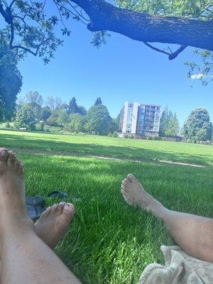 Relaxing under a tree with my hubs.