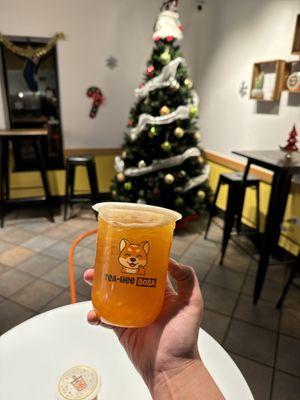 Mango green tea boba and holiday decor