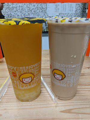 L-R: Large Kumquat Lemon Green Tea, $6.25. Large Classic Milk Tea, $5.25