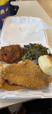 Fried Fish, collard greens, yams and a biscuit