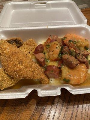 Fish, Shrimp, and Andouille Sausage over Grits