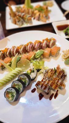 From back to front: dancing tuna roll (absolutely delicious), rainbow roll, vegetable roll (very good!), and the shrimp tempura roll