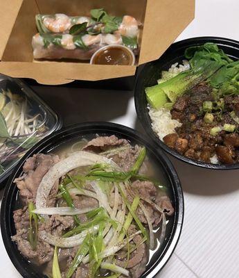 Braised Pork Belly with Wagyu Vietnamese Noodle Soup - Wagyu Pho Wagyu & Shrimp Summer Rolls