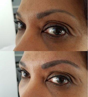 Microblading done over previous traditional cosmetic tattoo for a slightly bolder, yet more defined and elegant look.