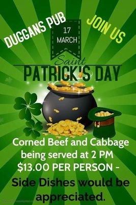 Join us Sunday March 17th to celebrate Saint Patrick's Day!! Serving corned beef and cabbage 2pm on...