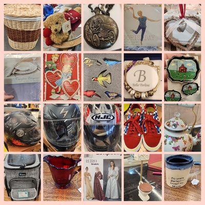 Hamper, helmet, sneakers, pet carrier, teapot, sewing patterns, and decorations