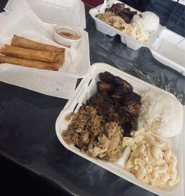 Pork lumpia, Kalua pig, bbq beef, bbq chicken and Mac salad