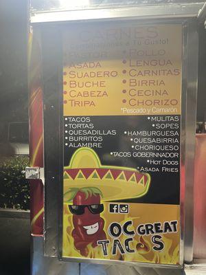 Menu, tacos are $3 each