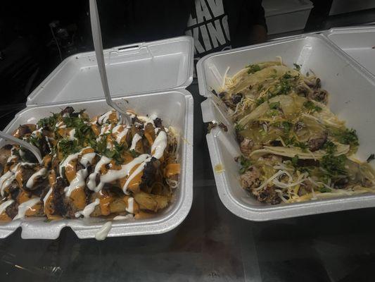 Loaded fries and Jerk Chicken Taco