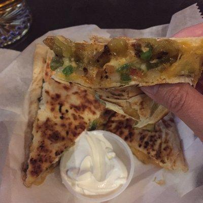 OMG YUM!!!! Quesadilla with green chiles and fresh jalapeños.