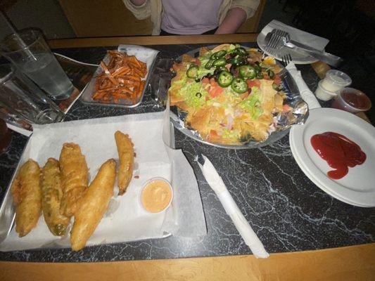 Deep Fried Pickles, Sweet Potato Fries, Ultimate Nachos