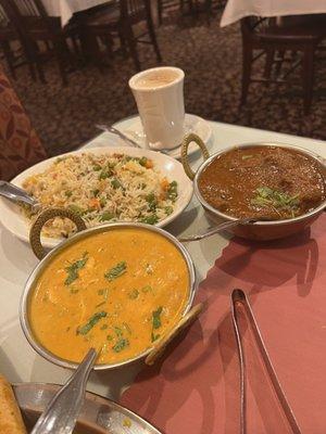 Rice, tofu masala, lamb curry