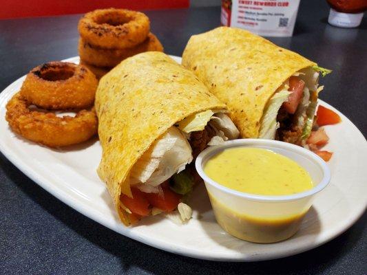 Fried chicken wrap Honey Mustard on side & upgrade of Onion Rings