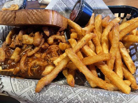 bbq pork sandwich with pub fries