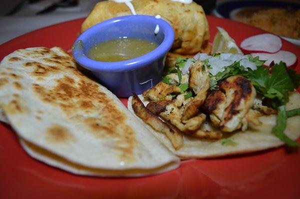 Quesadilla, chicken taco and   salsa verde.