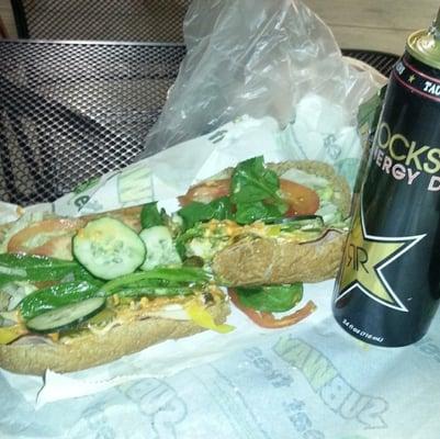 Ham foot long and a Rockstar. Dinner from my road trip from, So CaL