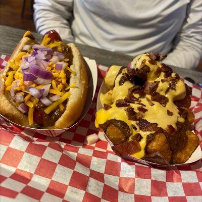 Chili Dog and loaded tots