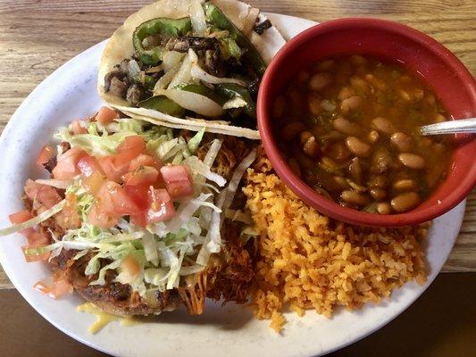 #12 Combination Plate, Shredded Chicken Chalupa with Fajita Taco, rice & charro beans.