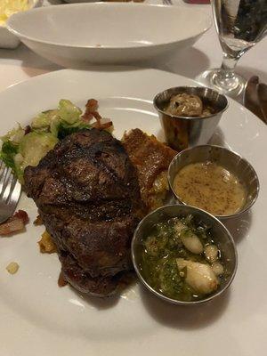 Filet minion with 3 delectable sauces, roasted brussel sprouts. Outstanding!!