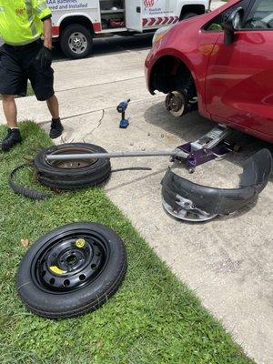 Does the tire appear to have been struck by a nail? No. As you can see the rubber unraveled off the tire. The rubber was peeling off.