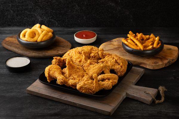 Fried Chicken Meal with Fries and onion rings