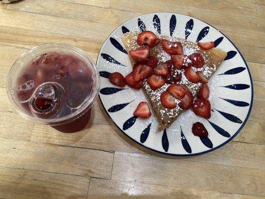 Iced Organic Hibiscus Tea and strawberry jam crepe with strawberry