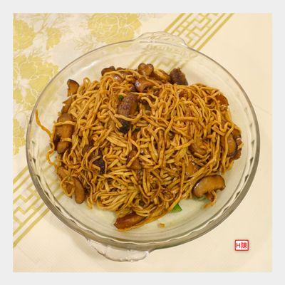 Yi mien aka e-fu noodles with mushrooms & vegetables (underneath) for $14.10 after tax....