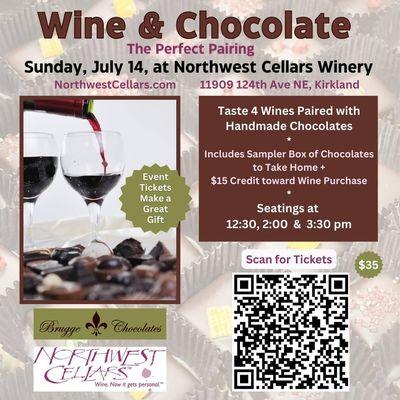 Join Us Sunday July 14th At Northwest Cellars for Chocolate & Wine! Tickets available on our website!