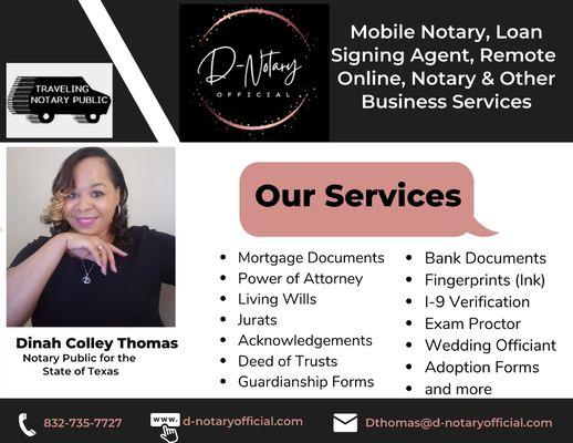 D-Notary Official's contact information and list of services offered.