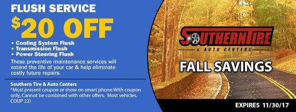 $20 OFF FLUSH SERVICES!! See store for details. www.southerntire.net