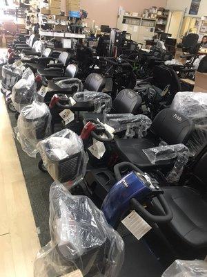 Full lineup of Pride scooters. Including the best selling "Go-Go Elite Traveler"