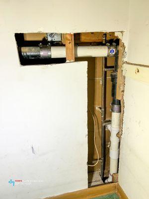 Schedule 40 PVC section repiping of 2 inch cast iron bathroom drain located in a bedroom closet wall in Prospect Heights, IL.  224-381-6321