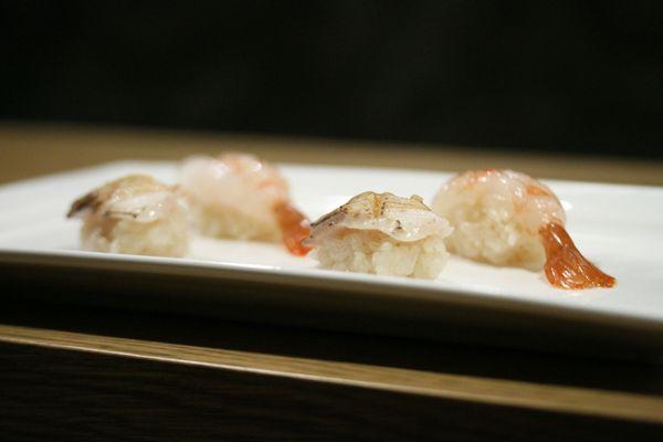 Black Cod Sushi (Charcoal Aburi), Sweet Shrimp Sushi (2 pieces each)