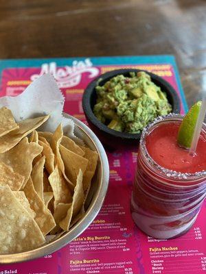 Fresh guacamole and frozen strawberry margarita