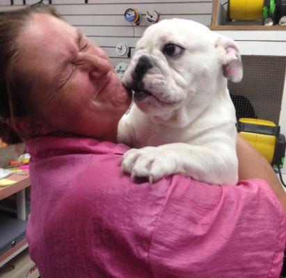 My bulldog with one of the owners employees.