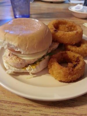 Grilled chicken sandwich with some good onion rings :-)