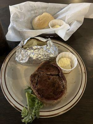 Bacon Wrapped 7oz Filet Mignon with Baked Potato and complimentary roll