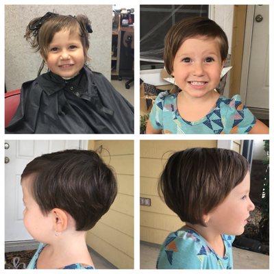 Prior to her cut, and after from all angles! Who would of known she had chunks & almost bald areas from where she'd cut it herself 1st!