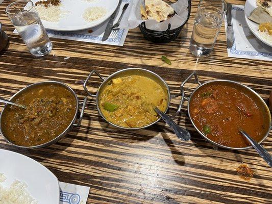 From left to right, Chicken Curry (House Special), Navratan Korma, Kadai shrimp