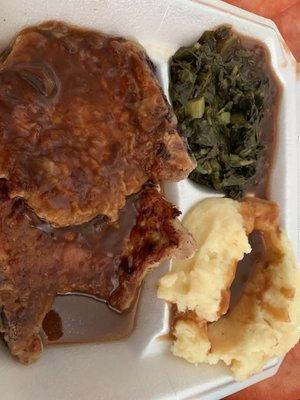 Pork chops Mashed Potato & Gravy Brown and greens