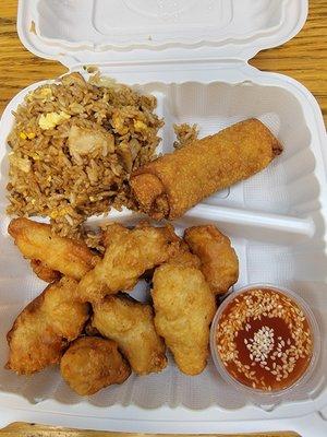 Sweet and Sour Chicken with sauce on the side, Egg Roll and Chicken Fried Rice