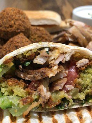 Shawafel. A combination of chicken or steak shawarma and falafel.