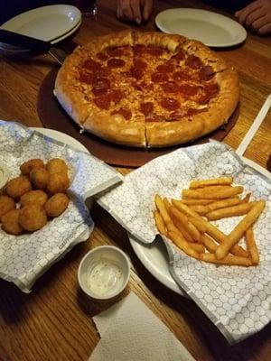 Stuffed crust pepperoni pizza, quepapa's and straight cut fries; delicious!