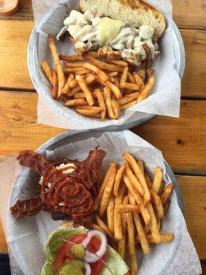 Chicken philly and blue hole burger with fries