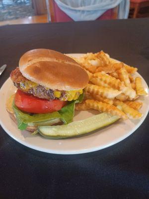 Bacon Cheeseburger on Pretzel bun and French fries