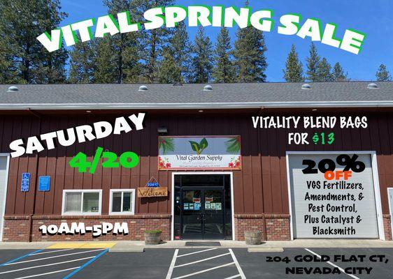 VITAL GARDEN SUPPLY SPRING SALE 

Come join us
SATURDAY 4/20
10AM - 5PM
VITAL HQs as we kick off our Spring/Summer Hours