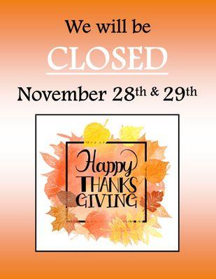 Have a Happy Thanksgiving from our families to yours!
We will reopen on Dec 2, 2024.