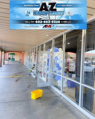 Store front window cleaning at Mid-K Beauty Supply in Phoenix, AZ. Window Washing company, shine, sparkling clean, commercial windows